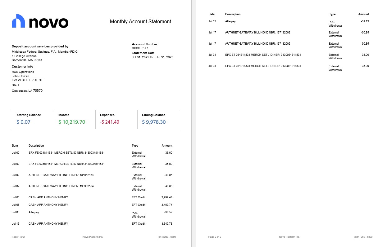Relevé bancaire d'entreprise en ligne Novo Platform INC, 2 pages